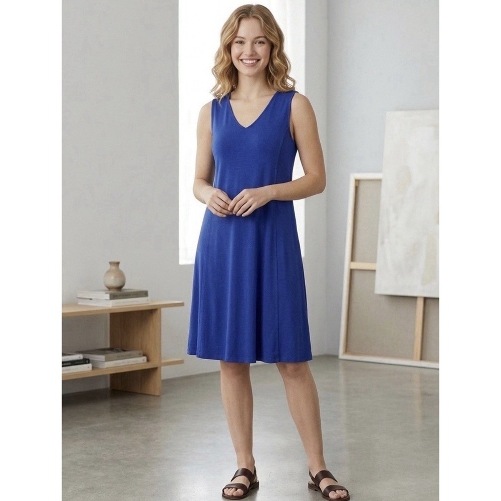EILEEN FISHER Adriatic Blue Stretch Jersey Dress Vneck Tank Sleeveless L $198